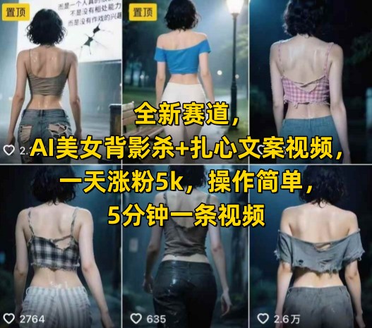全新赛道，AI美女背影杀+扎心文案视频，一天涨粉5k，操作简单，5分钟一条视频-易网赚