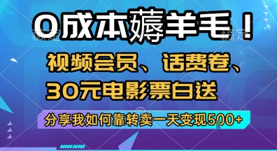 0成本薅羊毛!视频会员、话费卷、30元电影票白送，分享我如何靠转卖一天变现5张+【揭秘】-易网赚