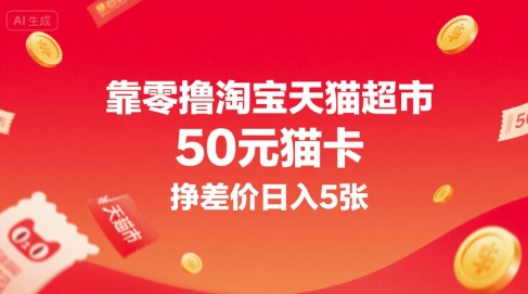 靠零撸淘宝天猫超市50元猫卡，挣差价日入5张-易网赚