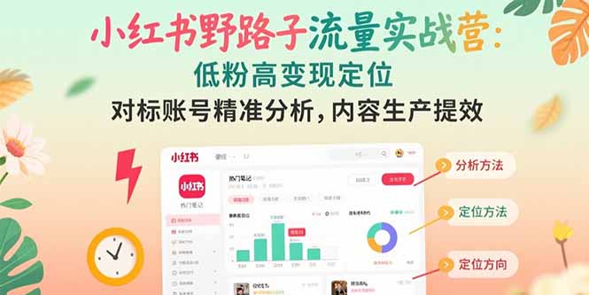 小红书野路子流量实战营：低粉高变现定位 对标账号精准分析 内容生产提效-易网赚