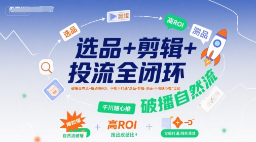 选品+剪辑+投流全闭环，破播自然流+撬动高ROI，手把手打通“选品-剪辑-测品-千川随心推”全链-易网赚