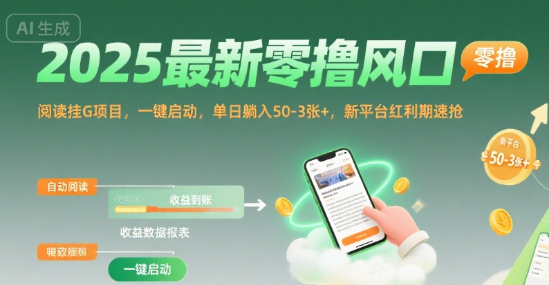 2025最新零撸风口，阅读挂G项目，一键启动，单日躺入 50-3张+，新平台红利期速抢【揭秘】-易网赚