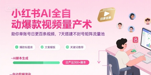 小红书AI全自动爆款视频量产术，助你单账号日更百条视频，7天搭建不封号矩阵流量池-易网赚