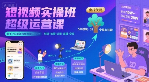 短视频实操班超级运营课，新手小白到短视频大神必修课程，剪辑-拍摄-运营-直播-变现-易网赚