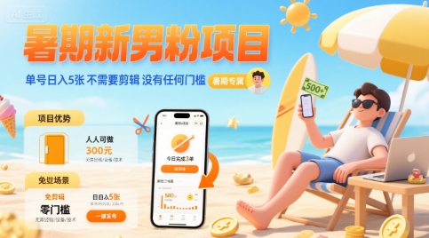 暑期新男粉项目 单号日入5张 不需要剪辑  没有任何门槛-易网赚