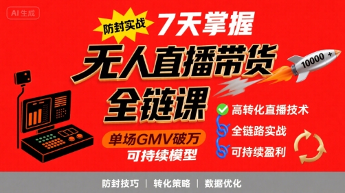 无人直播带货全链防封实战课，7天掌握高转化直播技术，实现单场GMV破万可持续模型-易网赚
