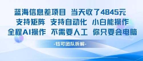 蓝海信息差项目当天收米1k+ 支持矩阵支持自动化小白能操作全程AI操作不需要人工你只要会电脑-易网赚