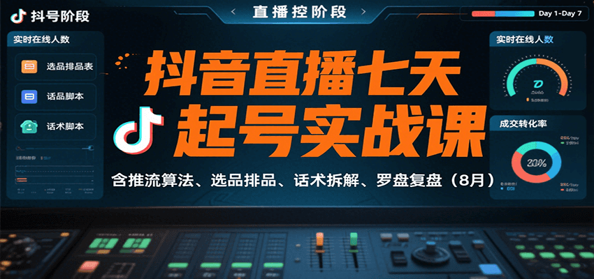 抖音直播七天起号实战课：含推流算法、选品排品、话术拆解、罗盘复盘(8月)-易网赚