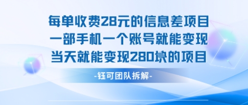 每单收费28米的项目单日能变现280左右 一部手机一个账号就能变现-易网赚