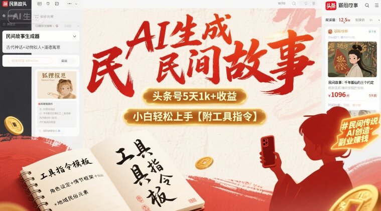 AI生成民间故事，头条号5天1k+，小白轻松上手【附工具指令】-易网赚