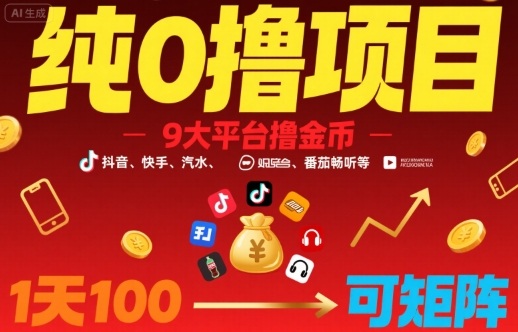 纯0撸项目，9大平台撸金币，抖音，快手，汽水，番茄畅听等，1天100，可矩阵-易网赚