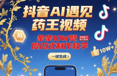 抖音AI遇见药王视频，条条10W赞，快速起千粉万粉号，傻瓜式制作教学-易网赚