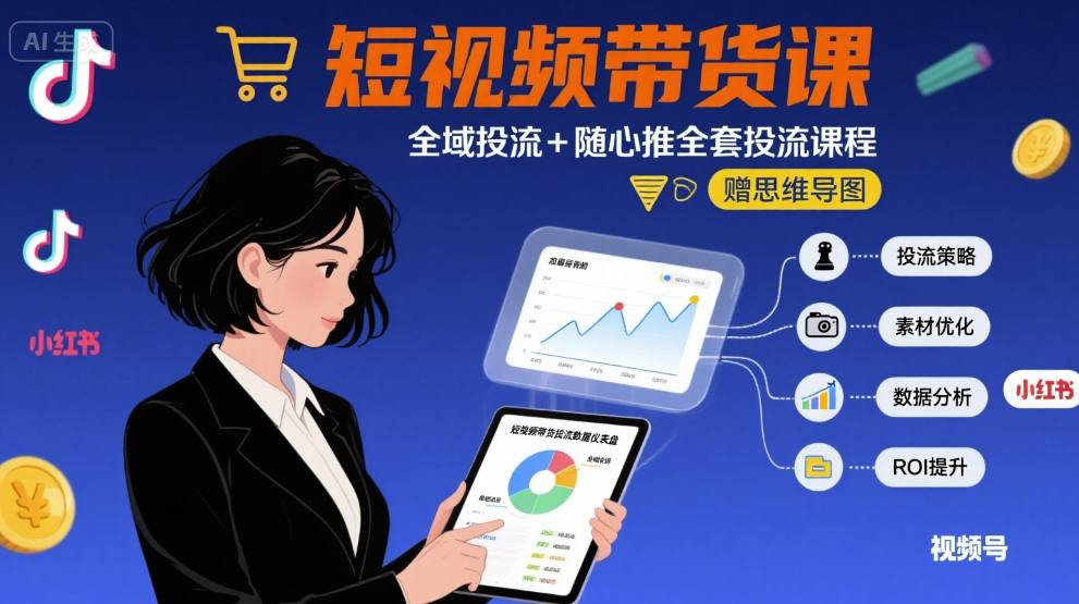 最新短视频带货课，全域投流+随心推全套投流课程+思维导图-易网赚