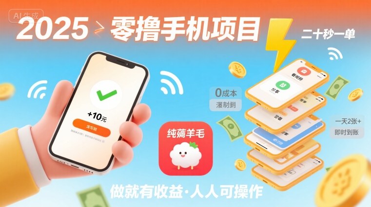 2025年零撸手机项目，二十秒一单，纯薅羊毛 一天2张+做就有-易网赚