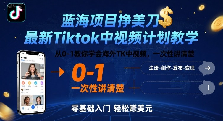 蓝海项目挣美刀，最新Tiktok中视频计划教学，从0-1教你学会海外TK中视频，一次性讲清楚-易网赚