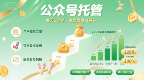 【公众号托管 】我提供文章，你发布，每天5分钟，单篇最高收益1k+【揭秘】-易网赚