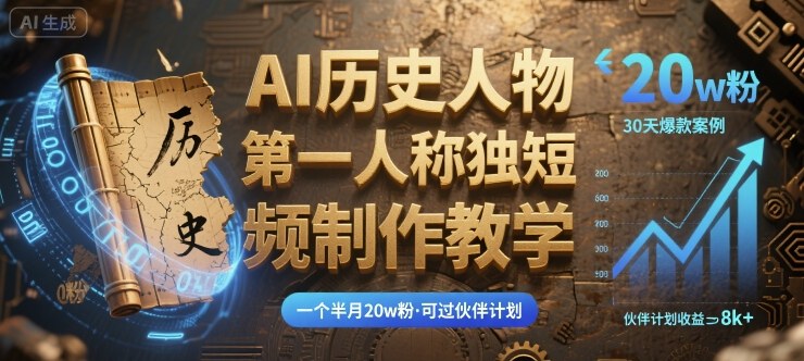 最新AI历史人物第一人称独白短视频制作教学，一个半月20w粉，可过伙伴计划-易网赚