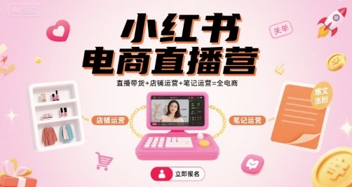 小红书电商直播营，直播带货+店铺运营+笔记运营=全电商-易网赚