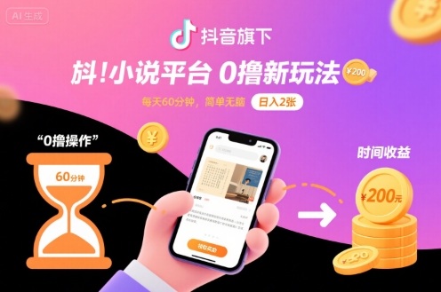 抖音旗下小说平台0撸新玩法，每天挂G60分钟，简单无脑，日入2张【揭秘】-易网赚