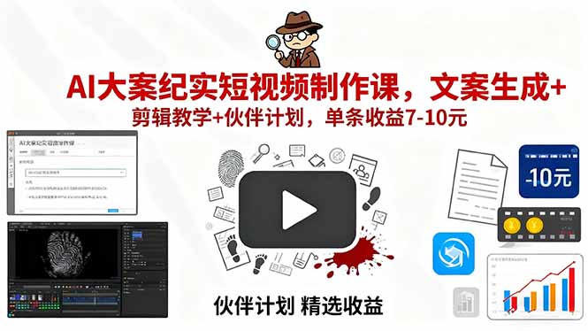 AI大案纪实短视频制作课，文案生成+剪辑教学+伙伴计划，单条收益7-10元-易网赚