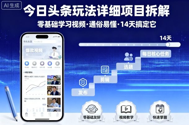 今日头条玩法详细项目拆解，零基础学习视频 通俗易懂 14天搞定它-易网赚