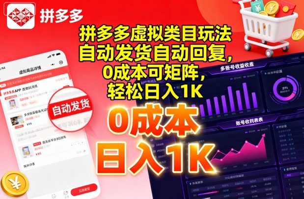 拼多多虚拟类目玩法，自动发货自动回复，0成本可矩阵，轻松日入1K【揭秘】-易网赚