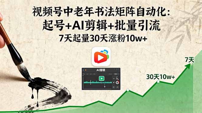 视频号中老年书法矩阵自动化：起号+AI剪辑+批量引流 7天起量30天涨粉10w+-易网赚