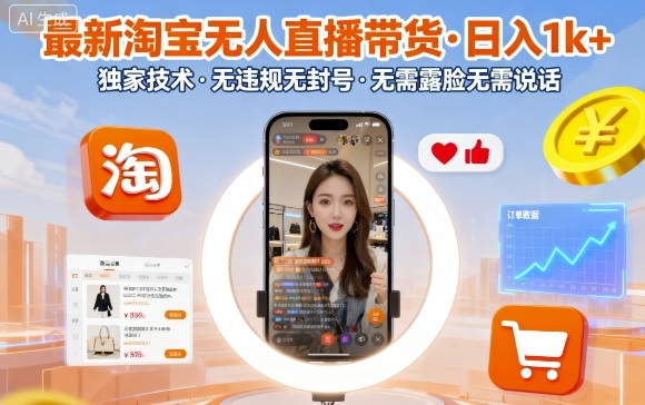 最新淘宝无人直播带货，日入1k+，独家技术，无违规无封号，无需露脸无需说话【揭秘】-易网赚