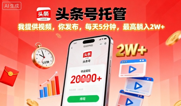 【头条号托管】我提供视频，你发布，每天5分钟，最高躺入2W+【揭秘】-易网赚