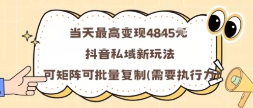 当天最高变现1k+，抖音私域新玩法，可矩阵可批量复制-易网赚