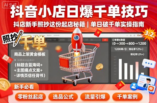 抖音小店日爆千单技巧，抖店新手照抄这份起店秘籍，单日破千单-易网赚