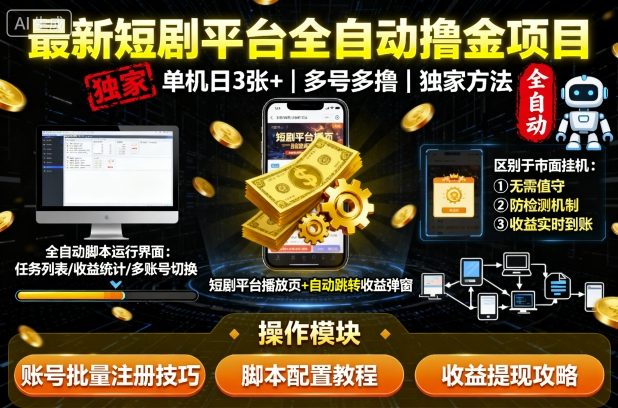 最新短剧平台全自动挂G撸金项目，单机一天3张+，多号多撸，区别于市面所有挂机项目，独家方法【揭秘】-易网赚