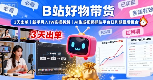 B站好物带货，3天出单，新手月入1W实操拆解，AI生成视频，抓住平台红利期最后机会-易网赚