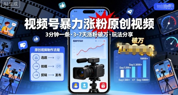 视频号暴力涨粉原创视频，3分钟一条原创视频，3-7天涨粉破万，玩法分享给你-易网赚