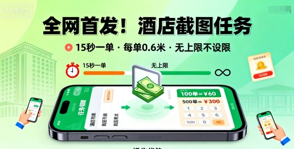 全网首发！酒店截图任务，15秒一单，每单0.6米，任务无上限不设限，矩阵操作单日3张到手【揭秘】-易网赚