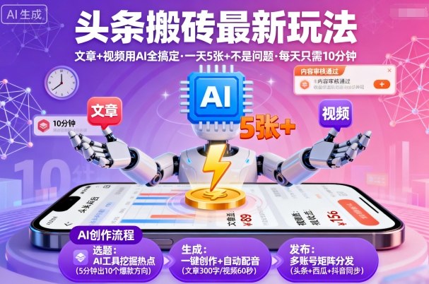 头条搬砖最新玩法，文章+视频用AI全搞定，一天5张+不是问题，每天只需10分钟-易网赚