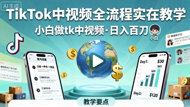 TikTok中视频全流程实操教学，小白做tk中视频，日入百刀-易网赚