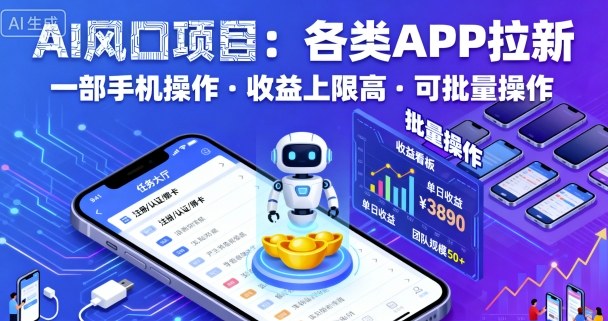 AI风口项目，各类APP拉新，一部手机就可以操作，收益上限高，可批量操作-易网赚