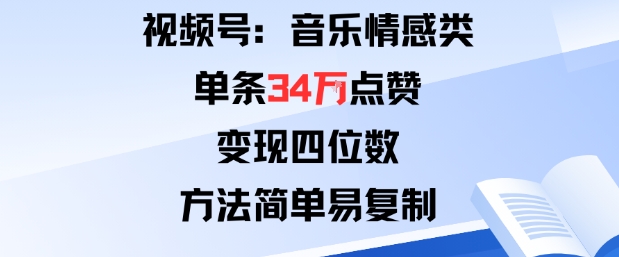 视频号分成计划新玩法：音乐情感类单条34W点赞，变现四位数，方法简单易复制-易网赚