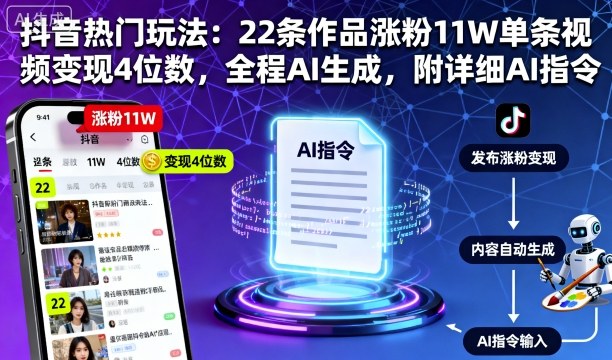 抖音热门玩法：22条作品涨粉11W单条视频变现4位数，全程AI生成，附详细AI指令-易网赚