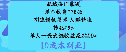 私域冷门赛道:单个收费198米引流模板简单人群精准转化45%单人一天大概收益是1k+-易网赚