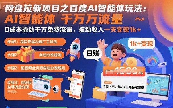 网盘拉新项目之百度Ai智能体玩法，0成本撬动千万免费流量，被动收入，一天变现1k+-易网赚