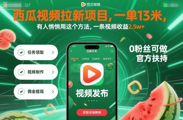 西瓜视频拉新项目，一单13米，有人悄悄用这个方法，一条视频收益2.5w+(附详细教程)-易网赚