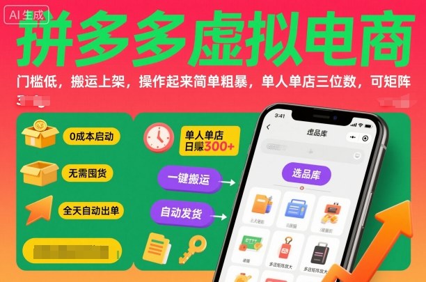 拼多多虚拟电商，门槛低，搬运上架，操作起来简单粗暴，单人单店三位数，可矩阵-易网赚