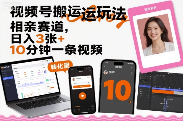 视频号搬运玩法，相亲赛道，日入3张+，10分钟一条视频-易网赚