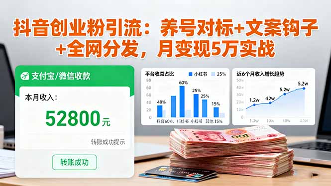 抖音创业粉引流：养号对标+文案钩子+全网分发，月变现5万实战-易网赚