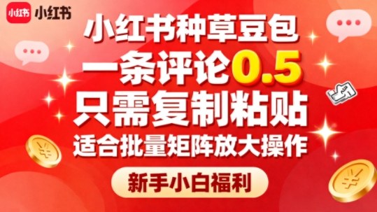 小红书种草豆包，一条评论0.5，只需复制粘贴，适合批量矩阵放大操作，新手小白福利-易网赚