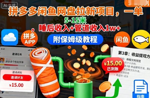 拼多多闲鱼网盘拉新项目，一单5-15米，睡后收入+管道收入1w+(附保姆级教程)-易网赚