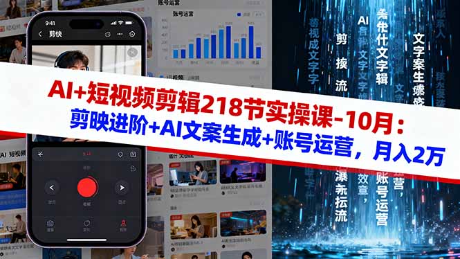 AI+短视频剪辑218节实操课-10月:剪映进阶+AI文案生成+账号运营,月入2万-易网赚