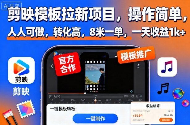 剪映模板拉新项目,操作简单,人人可做,转化高,8米一单,一天收益1k+-易网赚